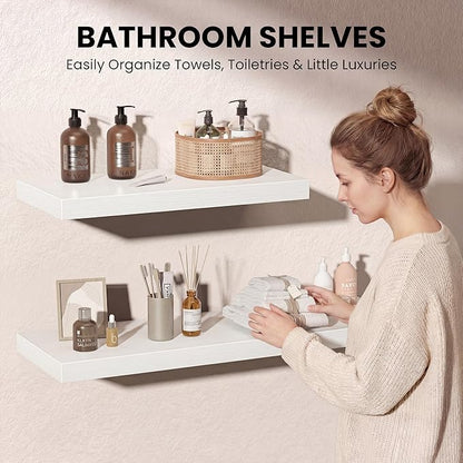 White Floating Shelves for Wall, 55 Inch Floating Shelves Set of 2, Wall Mounted Rustic Wood Shelf for Bathroom, Living Room, Bedroom and Kitchen, Hanging Shelf for Storage, Books, Home Decor