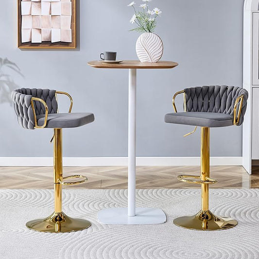 Velvet Bar Stools Set of 2, Woven Height Adjustable Swivel Barstools, Hydraulic Kitchen Counter Height Bar Chairs with Armrest and Back for Kitchen, Dining Room