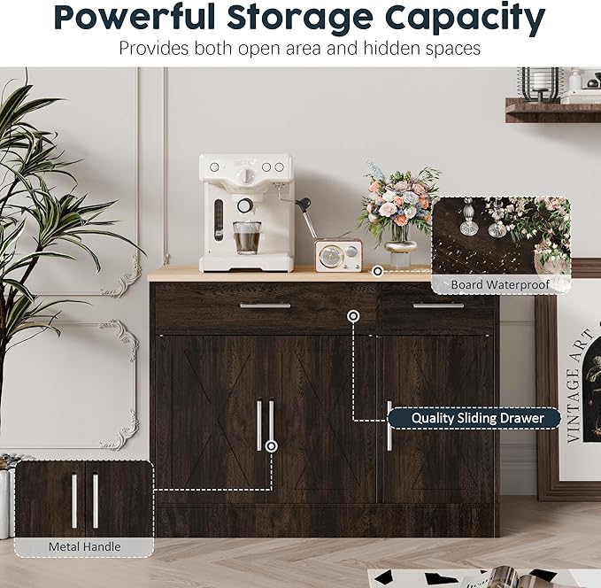 Buffet Cabinet with Drawers, Wooden Storage with 3 Doors and 2 Drawers, Adjustable Shelf, Modern Farmhouse Coffee Bar Cabinet with Storage for Kitchen/Laundry/Living Room, Brown