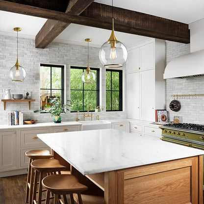 Pendant Lights Kitchen Island: Brushed Gold Light Fixture Farmhouse with Clear Glass - 10 Inch Mid Century Globe Kitchen Lighting Fixtures Ceiling for Dining Room