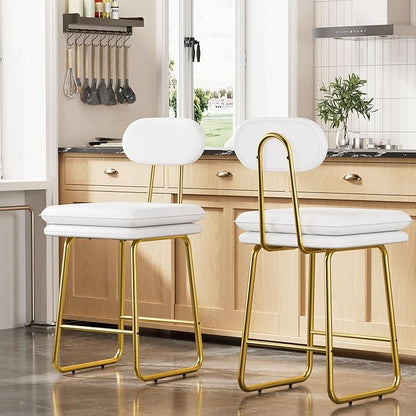 VECELO Bar Stools Set of 4, Counter Height Barstools with Removable Backrest, Padded Seat and Metal Legs, PU Leather Upholstered Bar Chairs for Kitchen, Island, White