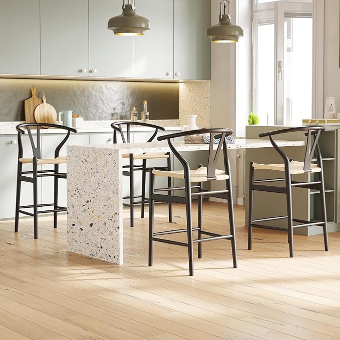 Modern Dining Chairs with Natural Weave Seat - Sturdy Construction Bar Stools for Kitchen Island, Versatile Use in Dining Room and Bedroom, Stylish Simple Design Comfortable Fully Assembled,Beige-Pape