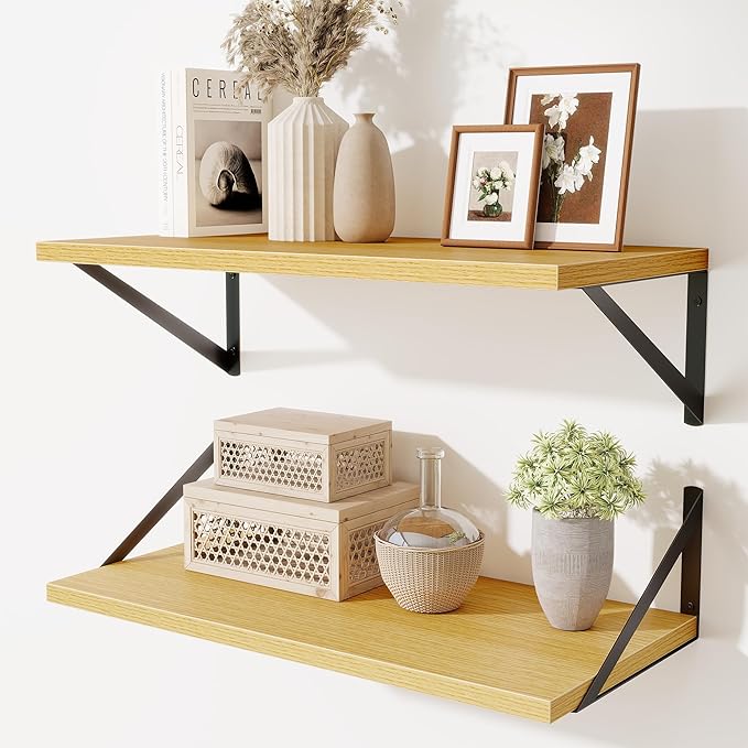 Acovy Deep Floating Shelves,24" Wx10 D Floating Shelf for Wall Set of 2,Hanging Storage Shelf with Metal Brackets,Wide Display Wall Shelves for Living Room,Bedroom,Bathroom,Kitchen,Oak