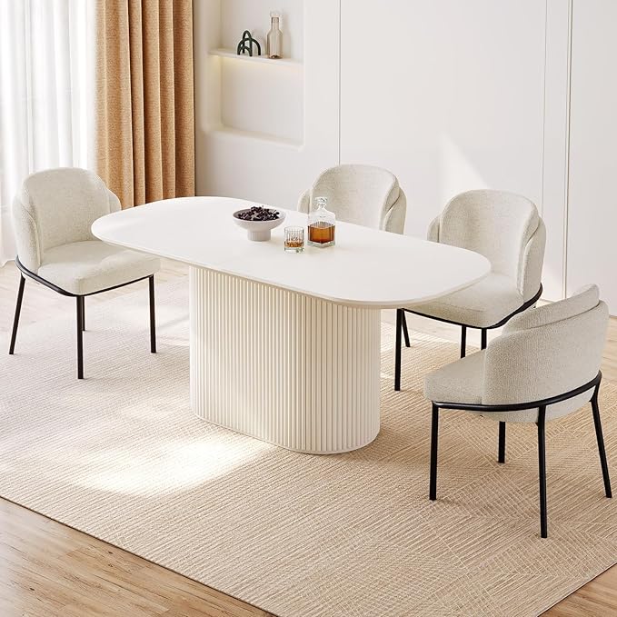 Miuuod 62.99" Large Modern Dining & Kitchen Table Set for Dining Room,with 6 Upholstered Chairs for 6-8 People,Oval Elegant Dining Table,Cream White