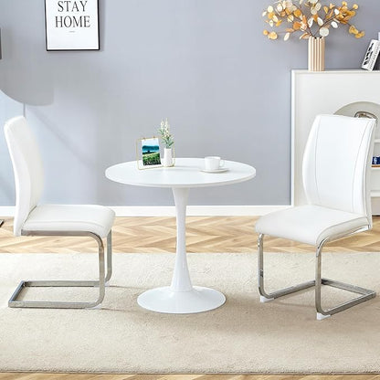 Small Kitchen Table and Chairs Set for 2, 31.9 Inch Hourglass Shape Dining Table with White PU Chairs, Silver Metal Legs, Compact Dinette Set for Kitchen, Dining Room, Apartment