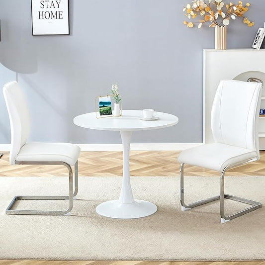 Small Kitchen Table and Chairs Set for 2, 31.9 Inch Hourglass Shape Dining Table with White PU Chairs, Silver Metal Legs, Compact Dinette Set for Kitchen, Dining Room, Apartment