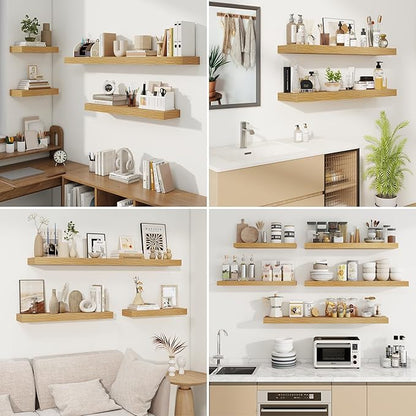 fuqing Floating Shelves for Wall, Wall Mounted Wood Floating Shelf with Invisible Brackets for Living Room, Bathroom, Bedroom, Kitchen Storage and Decor, 30 Inch Set of 2, Oak