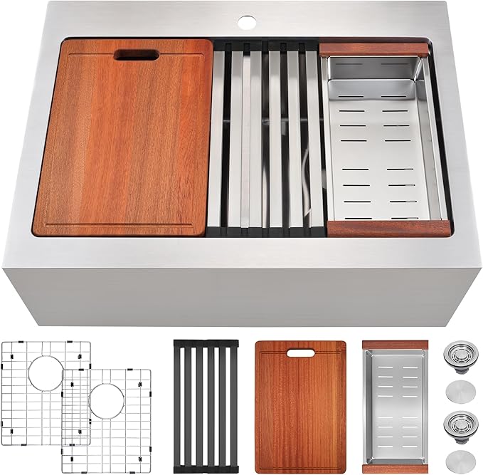 Rhbamoa Double Farmhouse Sink 28 Inch,16-Gauge T304 Stainless Steel Drop In Farm Sink,50/50 Topmount Double Bowl Apron Front Farm Sinks,10 Inch Deep Workstation Sinks with All Accessories
