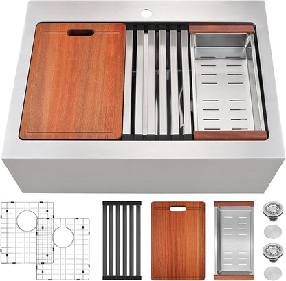 Rhbamoa Double Farmhouse Sink 28 Inch,16-Gauge T304 Stainless Steel Drop In Farm Sink,50/50 Topmount Double Bowl Apron Front Farm Sinks,10 Inch Deep Workstation Sinks with All Accessories