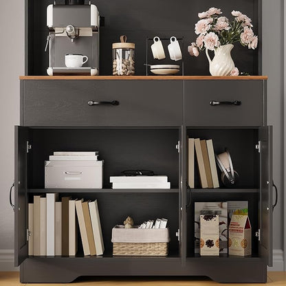 IDEALHOUSE 71" Kitchen Pantry Storage Cabinet with Charging Station, Farmhouse Kitchen Hutch Cabinet with 2 Storage Drawers, Large Food Pantry with Microwave Stand for Dining Room,Living Room,Black