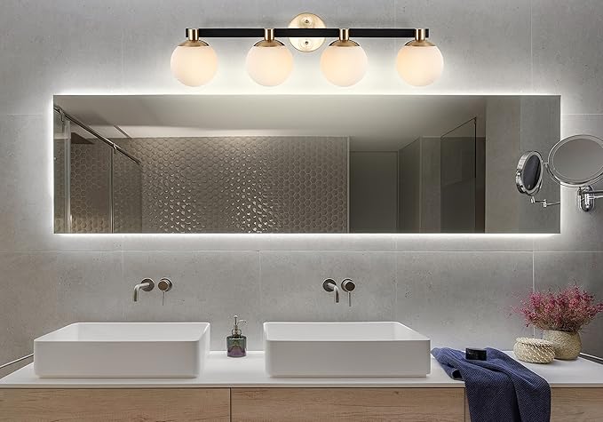 JONATHAN Y 34" Brass Gold/Black Modern Globe LED Vanity Wall Sconce Light, White Frosted Glass Shade, Mid-Century Art Deco Wall Lamp for Bathroom, Kitchen, Hallway (JYL3543A)