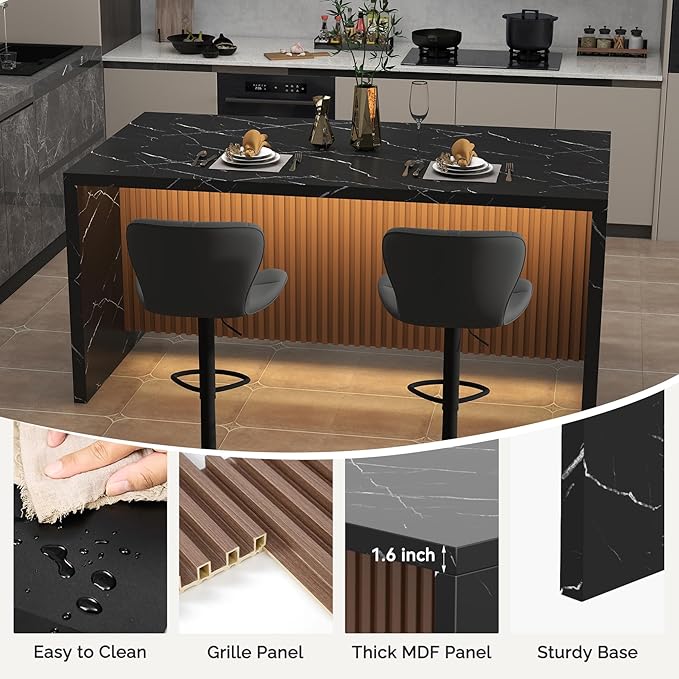 67" Large Modern Rectangle Dining Table for 4-6 People, Imitation Marble Island Table with LED Lights for Kitchen,Dining Room, Bar, Office, Living Room