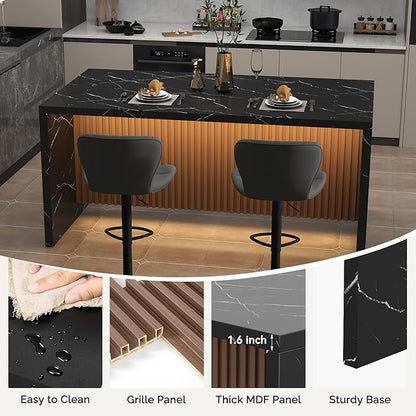 67" Large Modern Rectangle Dining Table for 4-6 People, Imitation Marble Island Table with LED Lights for Kitchen,Dining Room, Bar, Office, Living Room