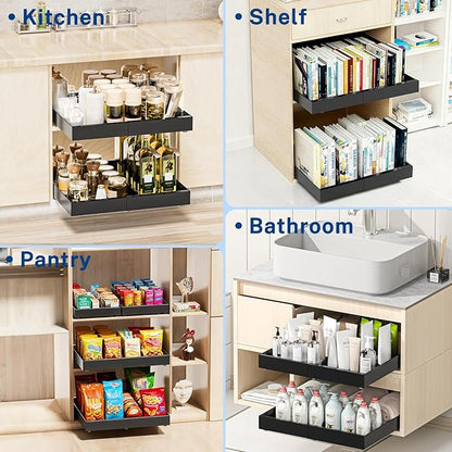 2 Pack Pull Out Cabinet Organizer Expandable Width(12.2"-20.47") & 21"Deep, Insputer No Drill Adhesive Slide Out Drawers with Upgrade 3 Slide Rails, Magnetic Panel, Roll Out Shelf for Kitchen, Pantry