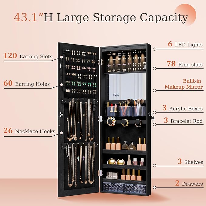 Unisakey Mirror Jewelry Cabinet,Lockable Wall or Door Mounted Jewelry Armoire Organizer With Built-up Mirror,LED Lights, Drawers,Cosmetic Trays,Shelves, 14.4"x3.15"x 43.1"（Black）
