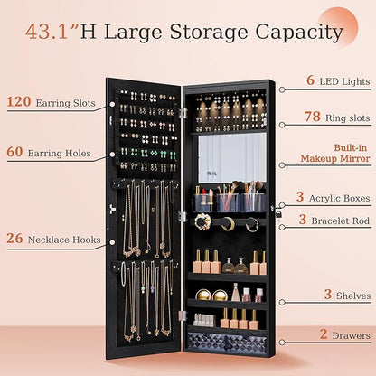 Unisakey Mirror Jewelry Cabinet,Lockable Wall or Door Mounted Jewelry Armoire Organizer With Built-up Mirror,LED Lights, Drawers,Cosmetic Trays,Shelves, 14.4"x3.15"x 43.1"（Black）
