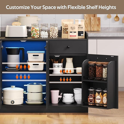 54" Farmhouse Sideboard Buffet Cabinet, Modern Credenza with LED Lights & Glass Doors, Black Credenza Storage & Kitchen Buffet with Countertop, 4 Doors 2 Shelves