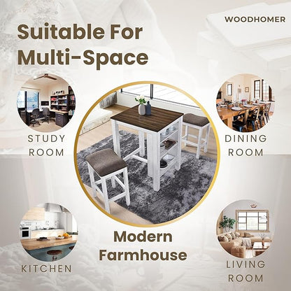3-Piece Wooden Dining Table Set, Kitchen Island with Seating for 2, Kitchen Bar Table with Stools, Counter Height Dining Table Set, Antique Dark Oak & White, Farmhouse Style