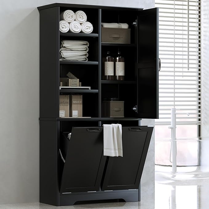 68" Tall Bathroom Storage Cabinet with One Door and Two Laundry Hampers for Home Display Organizer, Adjustable Shelf, Black