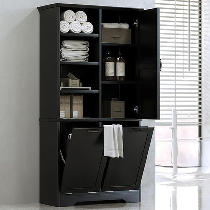68" Tall Bathroom Storage Cabinet with One Door and Two Laundry Hampers for Home Display Organizer, Adjustable Shelf, Black
