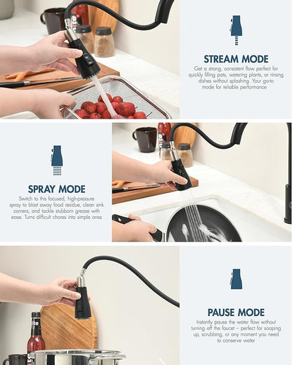 GIMILI Kitchen Faucet with Soap Dispenser Single Hole Kitchen Sink Faucet with Pull Down Sprayer Suitable for Farmhouses RV Laundry Room Outdoor and Campers Matte Black