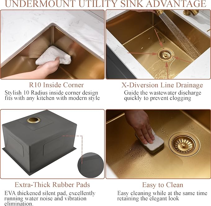 Undermount Gold Laundry Sink-Bokaiya 24"x18"x12" Gold Stainless Steel Laundry Room Sink Outdoor Utility 16 Gauge Single Bowl Kitchen Sink with Faucet Combo