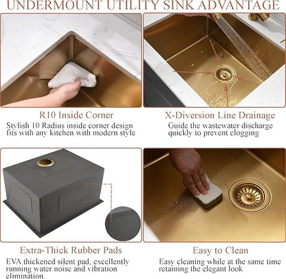 Undermount Gold Laundry Sink-Bokaiya 24"x18"x12" Gold Stainless Steel Laundry Room Sink Outdoor Utility 16 Gauge Single Bowl Kitchen Sink with Faucet Combo