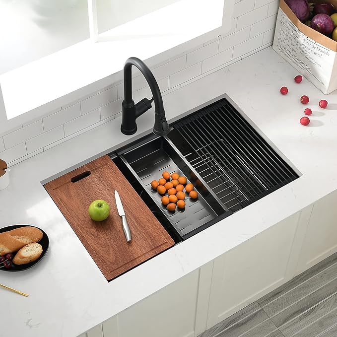 32x19 Black Workstation Kitchen Sink Undermount, Swift horse 32 Inch 16Gauge Black Stainless Steel Undermount Kitchen Sink, Single Bowl Workstation Kitchen Sinks with Built-In Accessories