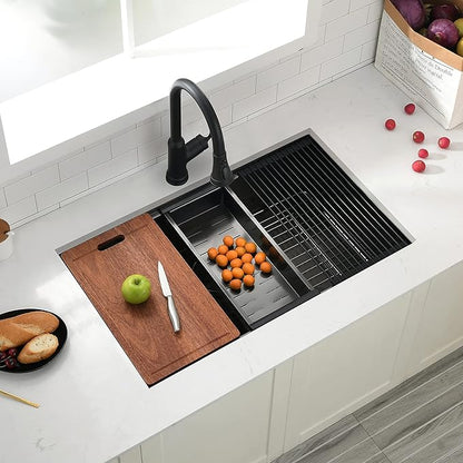 32x19 Black Workstation Kitchen Sink Undermount, Swift horse 32 Inch 16Gauge Black Stainless Steel Undermount Kitchen Sink, Single Bowl Workstation Kitchen Sinks with Built-In Accessories