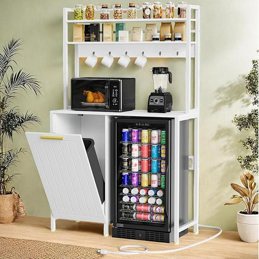 YITAHOME 4-Tier Kitchen Pantry Cabinet with Mini Fridge Space, Trash Can Storage & Power Outlet, Freestanding Storage Organizer for Microwave, Coffee Bar & Dining Room, White
