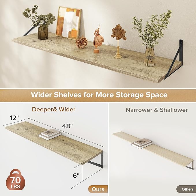 Acovy Deep Floating Shelves Wall Mounted, 48"x12" Gray Wall Shelves with Brackets Set of 2 for Bedroom, Living Room, Bathroom, Kitchen, Office - Storage & Display Shelf for Decor, Books, Plants