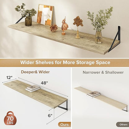 Acovy Deep Floating Shelves Wall Mounted, 48"x12" Gray Wall Shelves with Brackets Set of 2 for Bedroom, Living Room, Bathroom, Kitchen, Office - Storage & Display Shelf for Decor, Books, Plants