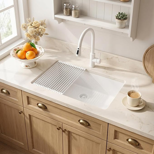 MILOSEN White Undermount Kitchen Sink, 31"x18" Granite Composite Single Bowl Kitchen Sinks, 9" Deep Large Undermount/Drop In Sink with Custom Accessories, White Quartz Kitchen Sinks for Modern Kitchen