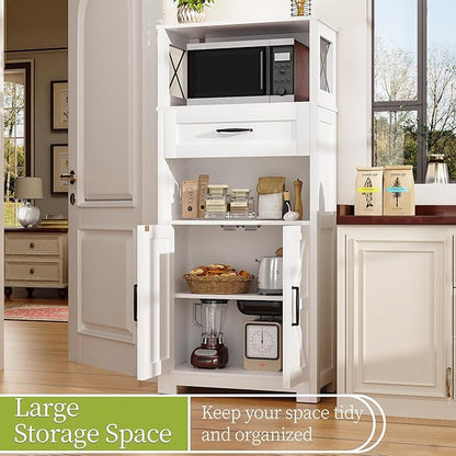 kepptory 55" Tall Kitchen Pantry, Farmhouse Storage Cabinet with Doors, Shelves and Drawer, Rustic Wood Cupboard for Kitchen, Dining Room (White)