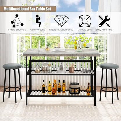 AWQM Kitchen Island with Seating & Storage Shelf, Faux Marble Island Table for Kitchen, Modern Bar Table and Chairs Set for 2,Dining Table Set for Small Space,Grey