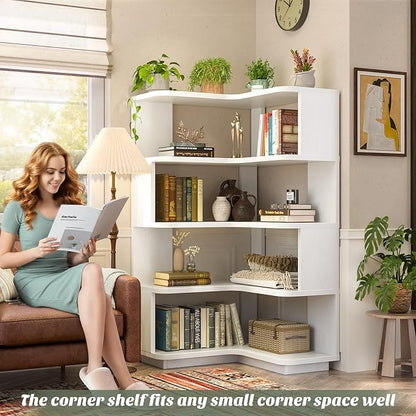 Armocity Corner Book Shelf - 5 Tier Corner Bookshelf Etagere Bookcase with Baffle, Freestanding L Shaped Display Shelf Stand for Home Office, Living Room, Bedroom, Kitchen, White