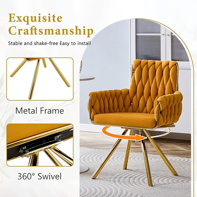 Upholstered Dining Chairs Set of 2, Hand-Woven Back Kitchen Chair, Large Gold Dining Chairs,Velvet Upholstery with Metal Legs, Modern Velvet Chair for Dining Room、Kitchen、Restaurant