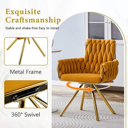 Upholstered Dining Chairs Set of 2, Hand-Woven Back Kitchen Chair, Large Gold Dining Chairs,Velvet Upholstery with Metal Legs, Modern Velvet Chair for Dining Room、Kitchen、Restaurant
