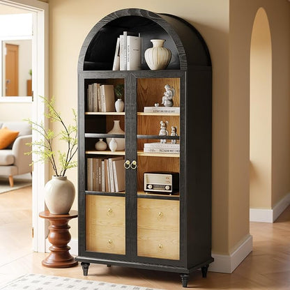 YESHOMY 71" Tall Arched Pantry Cabinet, Storage Cabinets with 2 Large Drawers and 3 Shelves, Wood Bookshelf, Modern Farmhouse Cupboard for Living Room, Kitchen, Dining Room, Black