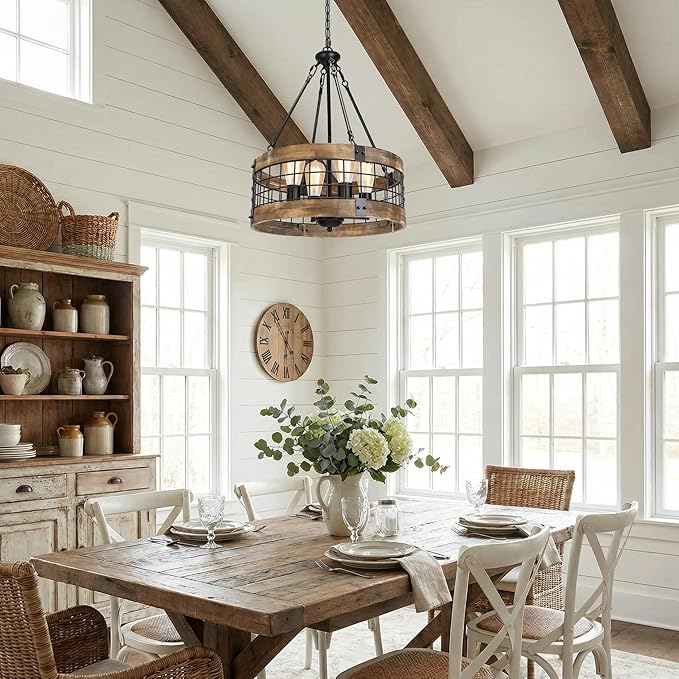 4-Light Rustic Chandelier for Entryway, Round Farmhouse Light Fixtures for Dining Room, Industrial Drum Hanging Pendant Lighting for Kitchen Island, Nature Wood Texture and Black Metal Finish