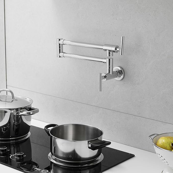 GIMILI Chrome Pot Filler Commercial Wall Mount Faucet Folding Double Joint Swing Arm Pot Filler Rotatable Wall Faucet