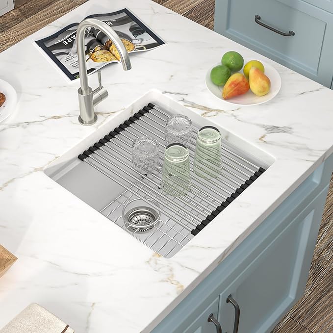 18"x18" Undermount Wet Bar Sink Workstation - White Granite Composite Quartz Classic Single Bowl Under Counter Small Kitchen Bar Prep RV Sink Basin