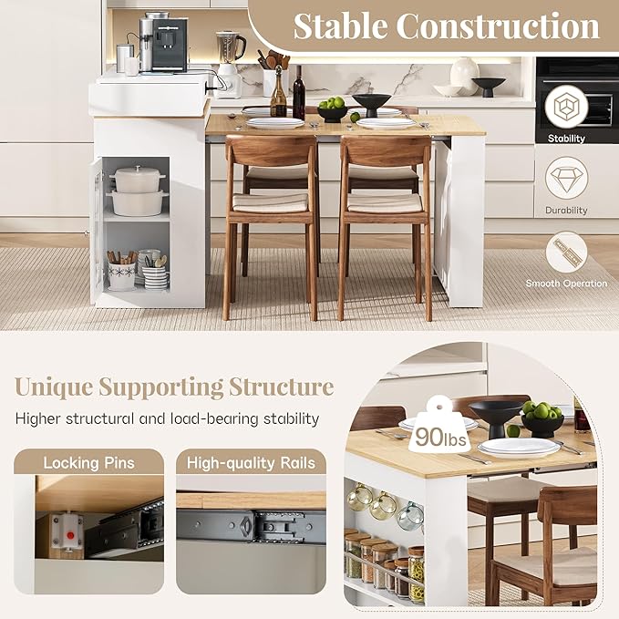Extendable Dining Table with Folding Tabletop,Bar Table with Drawers and Power Outlet,Kitchen Island with Wheels and Hooks,for Dining Room (Creamy White+Natural/)
