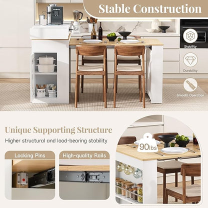 Extendable Dining Table with Folding Tabletop,Bar Table with Drawers and Power Outlet,Kitchen Island with Wheels and Hooks,for Dining Room (Creamy White+Natural/)