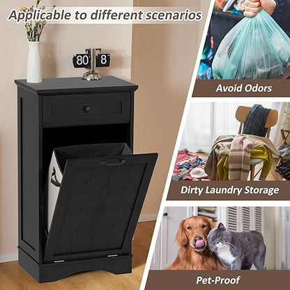 13 Gallons Tilt Out Trash Cabinet Freestanding Kitchen Trash Bin Cabinet Wood Garbage Recycling Cabinet with Hideaway Drawer Pet Proof Trash Can Holder for Kitchen Living Room, Dark Black