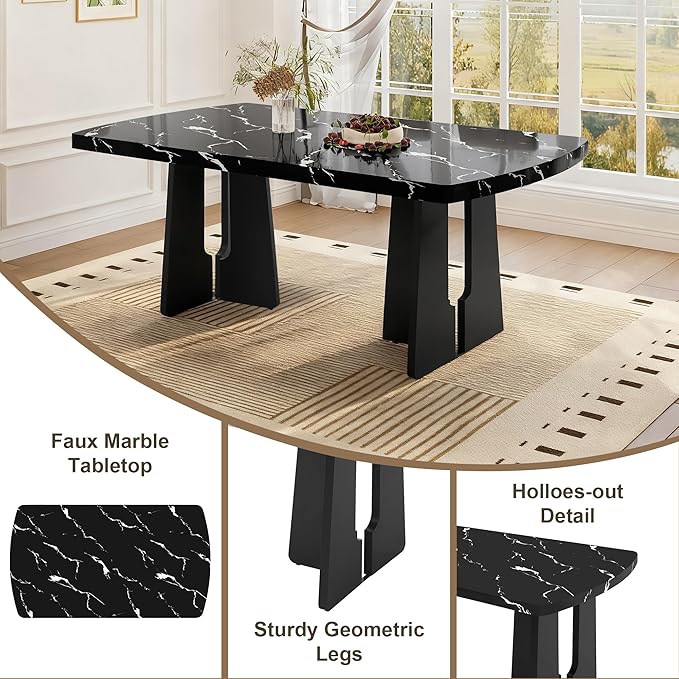 63" 350Lbs Capacity Faux Marble Island Table, Rustic Dining Table with Geometric Legs, Farmhouse Dining Table with Floor Pads for Gatherings, Black