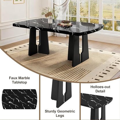 63" 350Lbs Capacity Faux Marble Island Table, Rustic Dining Table with Geometric Legs, Farmhouse Dining Table with Floor Pads for Gatherings, Black