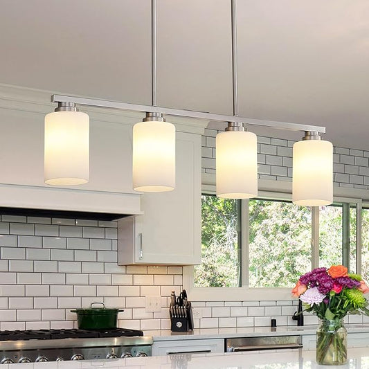 Mecgirn Island Light for Kitchen, Brushed Nickel Dining Room Light Fixture Over Table with Milk Glass Shade, 4-Light Linear Chandelier Pendant Lighting for Dining Table Kitchen Island Living Room