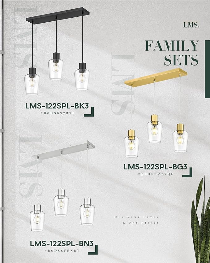 LMS Brushed Nickel Dining Room Light Fixture, 3-Light Clear Glass Island Lights, Farmhouse Linear Chandeliers for Kitchen Island Pendant Light Fixtures, LMS-123SPL-BN3