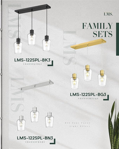 LMS Brushed Nickel Dining Room Light Fixture, 3-Light Clear Glass Island Lights, Farmhouse Linear Chandeliers for Kitchen Island Pendant Light Fixtures, LMS-123SPL-BN3
